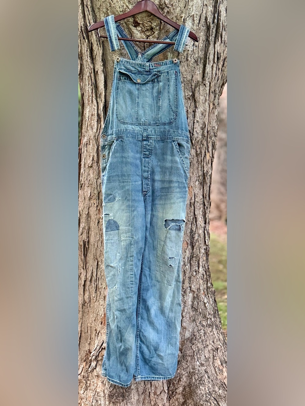 Ralph Lauren Double RL Distressed Light Blue Denim Overalls